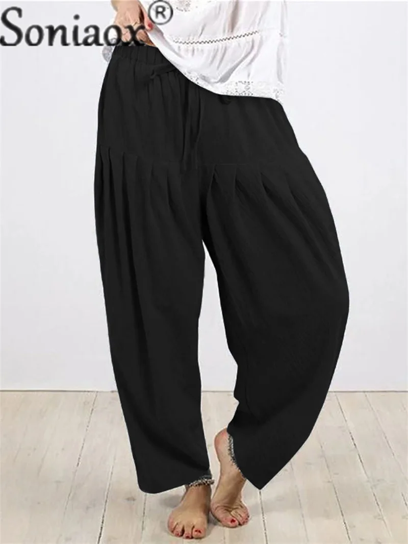 2023 Summer Loose Comfortable Casual Turnip Pants Women's Korean Version Elastic Waist Lace-up Wide Leg Trousers Female Clothing