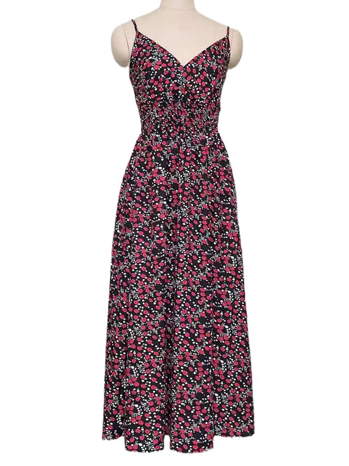 

Long Dress for Women Sleeveless Strap Women Dress Summer Elastic Waist Deep V-Neck Female Beach Dresses