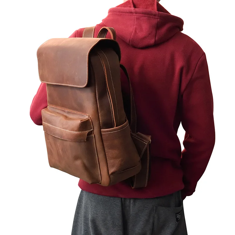 

Crazy Horse Leather Men's Backpack with Multiple Pockets