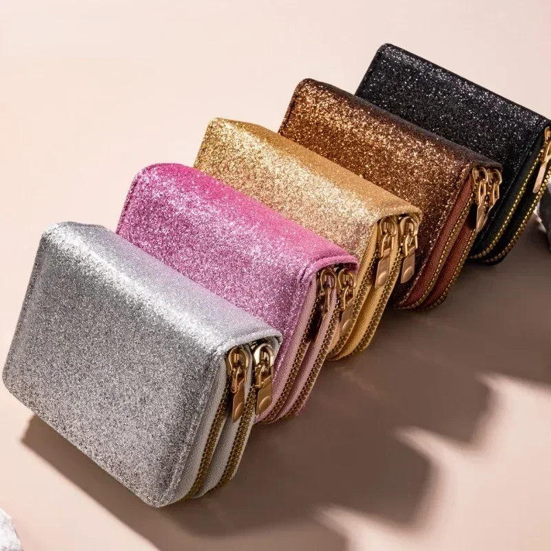 Portafogli in Pelle da Donna con Glitter e Paillettes, Nuova Borsa Portamonete alla Moda, Porta Carte di Credito Multifunzione in Tinta Unita