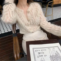 Autumn Openwork Knitted Cardigan French Style Elegant O-neck Mohair Coat Sweater Female Casual Solid Long Sleeve Soft Tops 16179