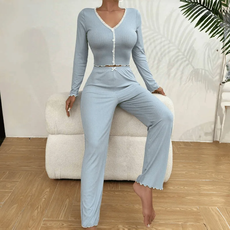 Y2K Ribbed Knit Loungewear Set for Women Long Sleeve V Neck Button Top and Pants Pajamas Two Piece Sleepwear with Lace Trim New