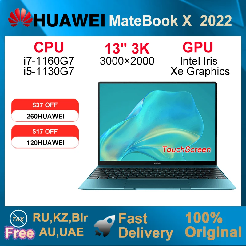 2022 화웨이 메이트북 X 노트북 i5-1130G7/i7-1160G7, 16GB 512GB/1T 노트북, 13 인치 3k LTPS 터치스크린 넷북, 아이리스 Xe 그래픽 SSD