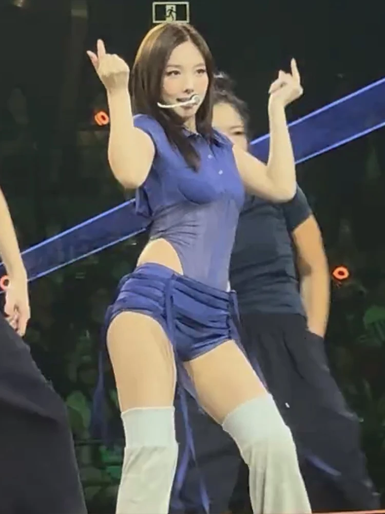 Nibber Music Festival 2 Piece Set Women Trend Button Polo-Neck Mesh Patchwork Bodysuits+Ribbon Short Party Sexy Ruched Suits