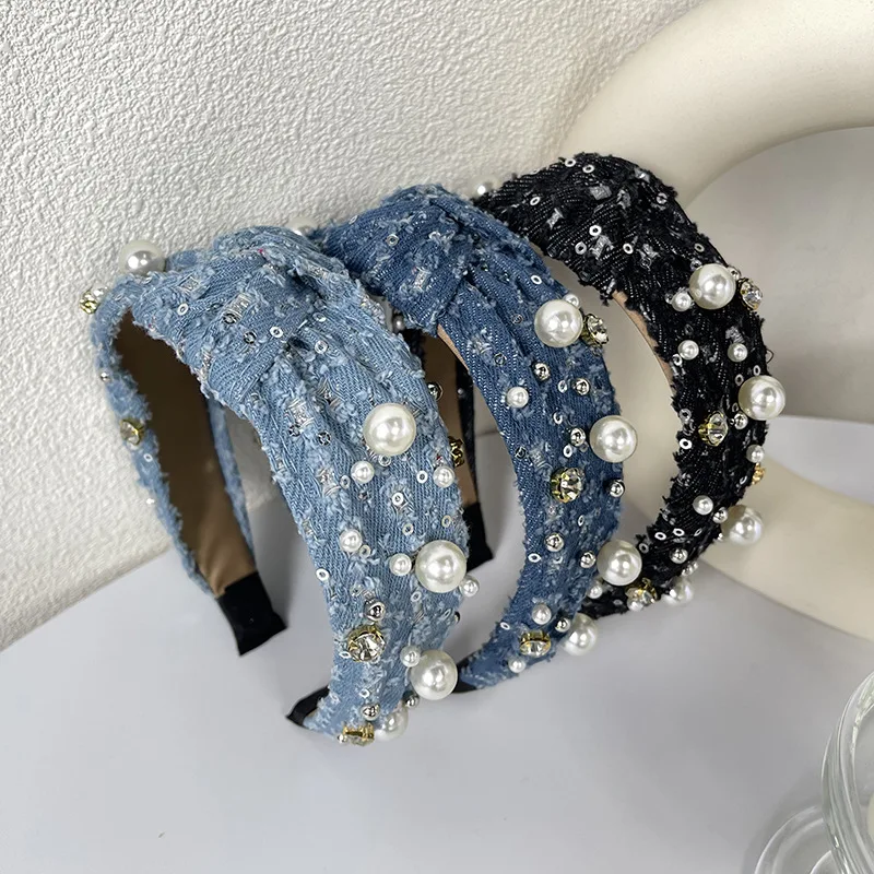 

Retro Crystal Pearls Denim Headband Hair Hoop Women Headwear Wide Knotted Makeup Hairband Girls Headdress