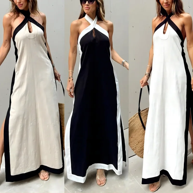 

2024Summer Independent Station New Cotton and Linen Backless Halter Split Temperament Dress Women