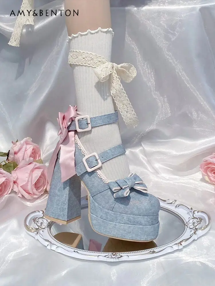 

Original Harajuku Gothic Lolita High Heels Women Sweet Cute Bow Round Toe Denim Platform Heels All Match Hot Girl Y2K Shoes