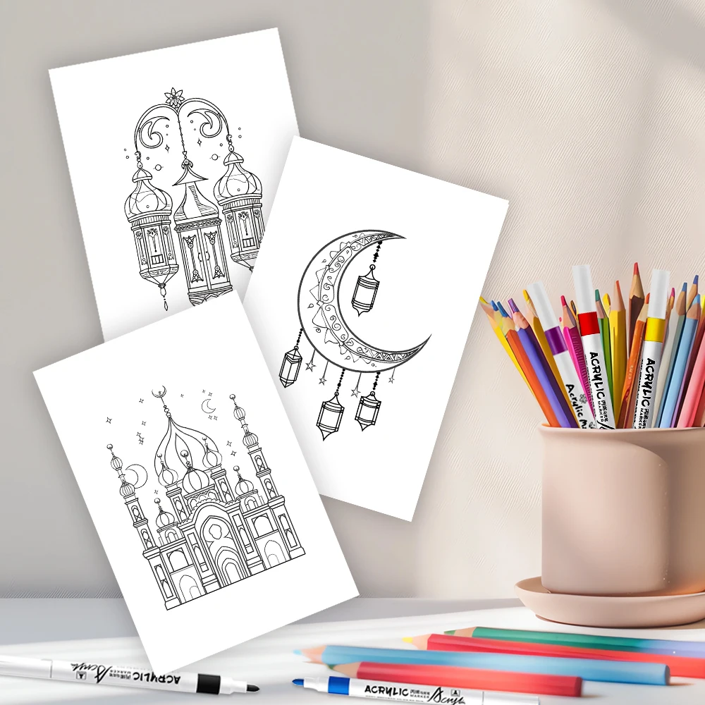 32pcs, Eid Doodle Colouring Cards, DIY Colouring Cards, Eid Painting Cards, Moon, Stars, Lanterns Family and Party Activities 5
