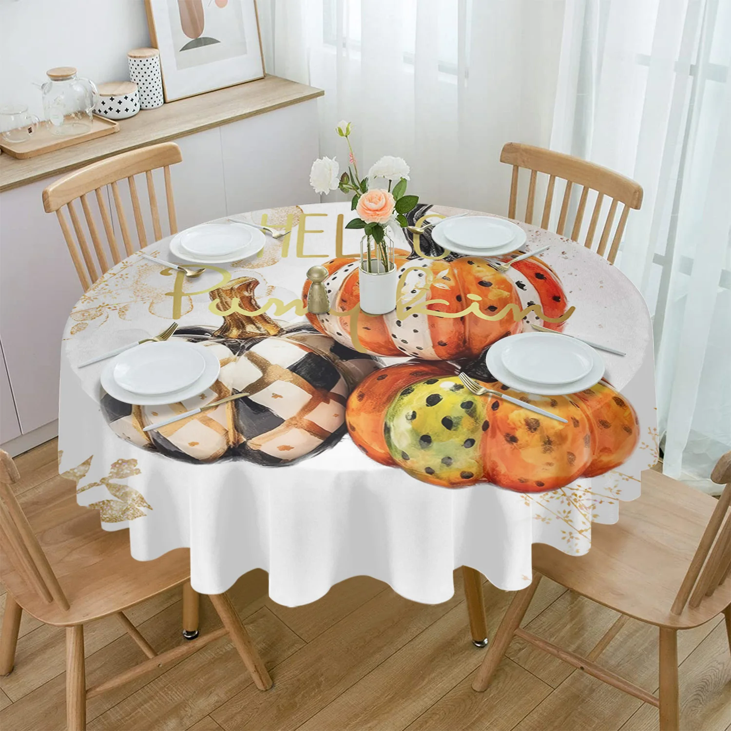 

Thanksgiving Wave Point Gradient Autumn Waterproof Tablecloth Table Decoration Wedding Home Kitchen Dining Room Round Table