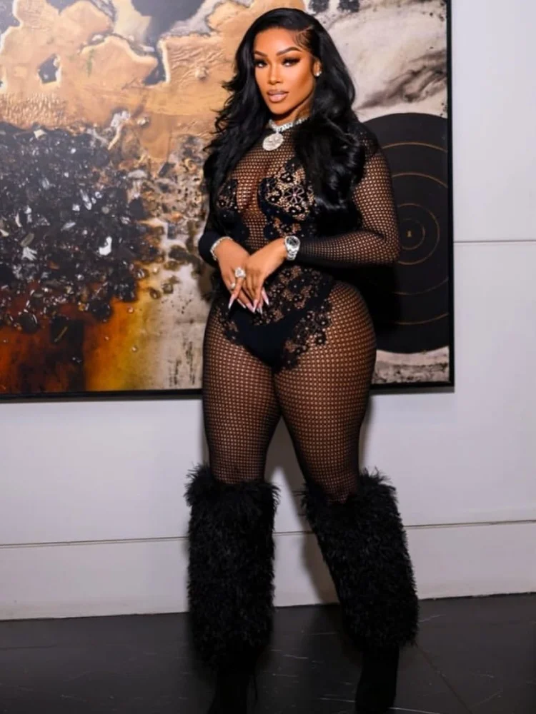 Wmstar Jumpsuit Women Sexy and Thick One Piece Mesh See Through Pajamas That Can Be Worn on The Outside Tight Party Club Outfits