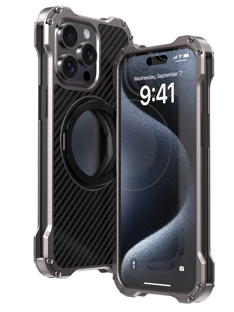 R-just Metal Carbon Fiber Case For Iphone 15 14 13 Pro Max Cover Lightweight Aluminum Alloy Funda Coque Built-in Holder Ring