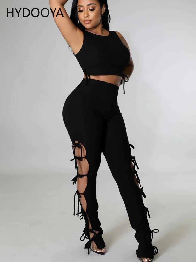 Solid Knitted Suits Casual Two Piece Set Women Sleeveless Stretchy Tank Crop Top and Side Hollow Lace Up Stacked Flare Pant Suit