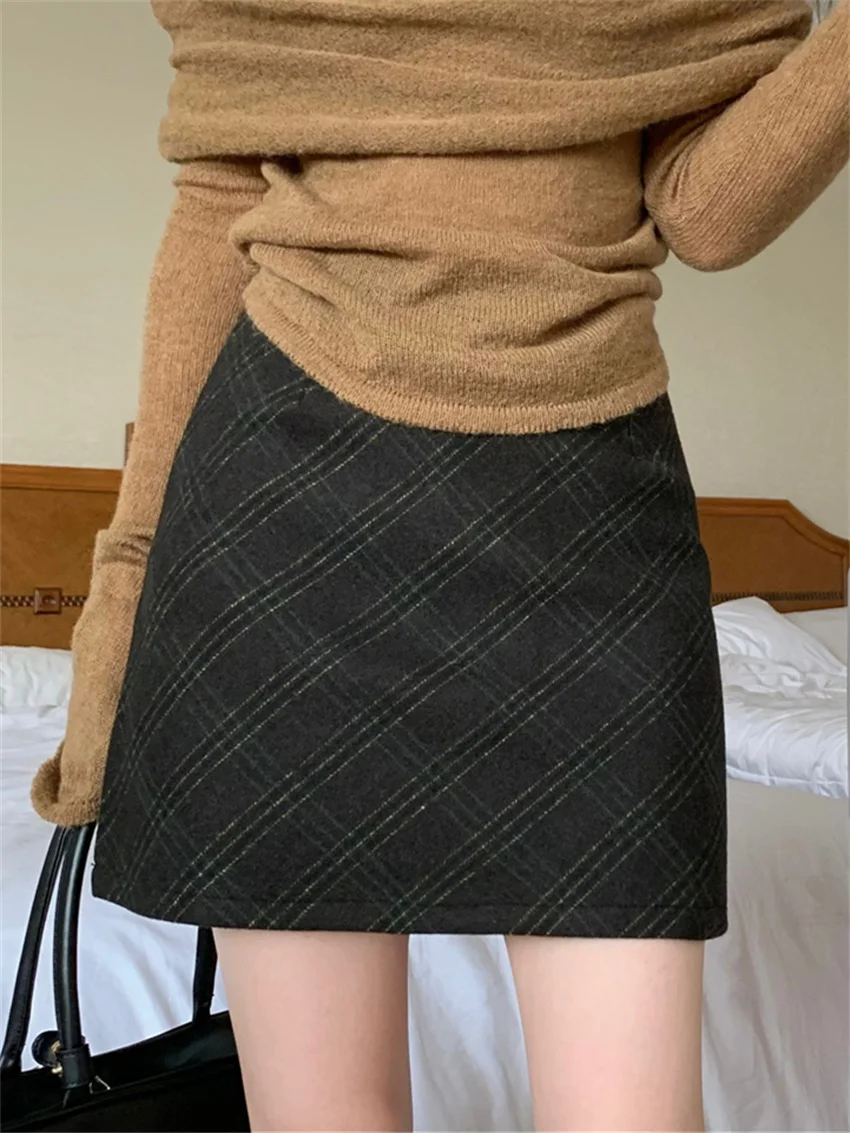 

Шерстяные мини-юбки Alien Kitty в стиле ретро, Женская шикарная универсальная клетчатая зимняя элегантная облегающая офисная юбка А-силуэта с высокой талией