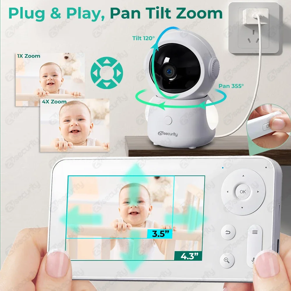 2K WiFi Baby Monitor with Screen & APP Control 3MP Baby Camera Motion & Cry Detection AI Tracking 4.3&rdquo; Phone Night Vision wireless baby monitor,video baby monitor