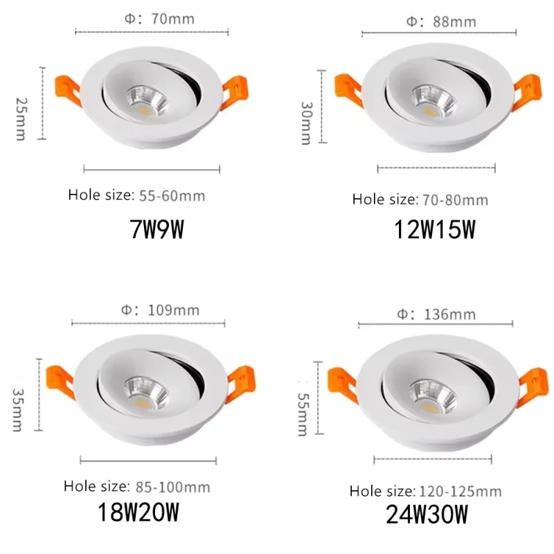 Embedded Dimmable LED Downlights 7W 9W 12W 15W 18W 20W 360&deg; Adjustable COB Ceiling Lamps Spot Lights AC90~260V
