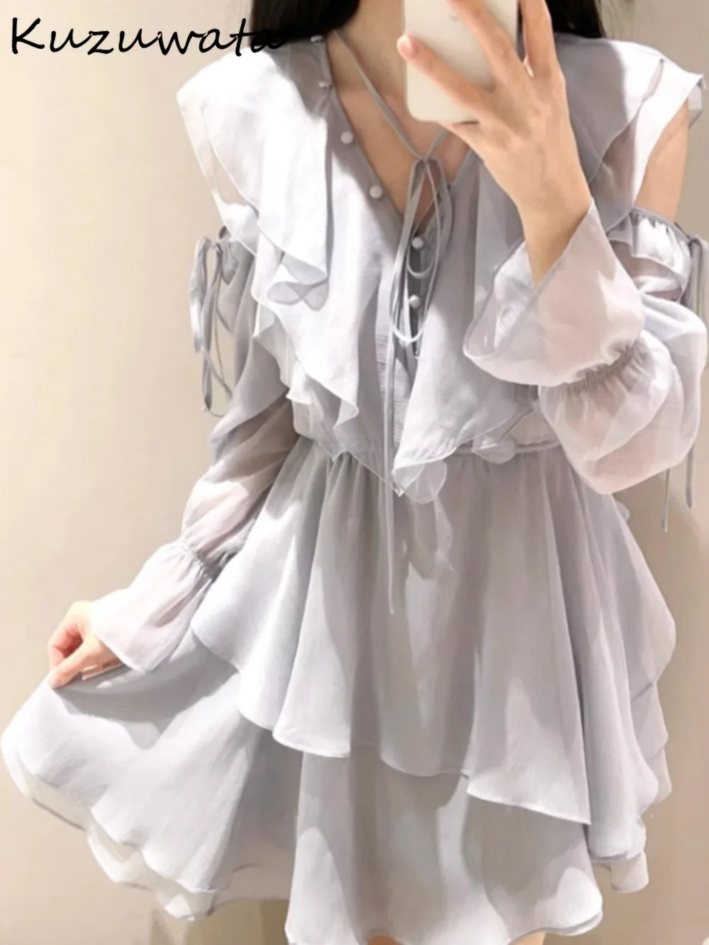 Robe Courte Cassis Collection évasée - Taille L (FR42) - Ivoire Et Gris Floral