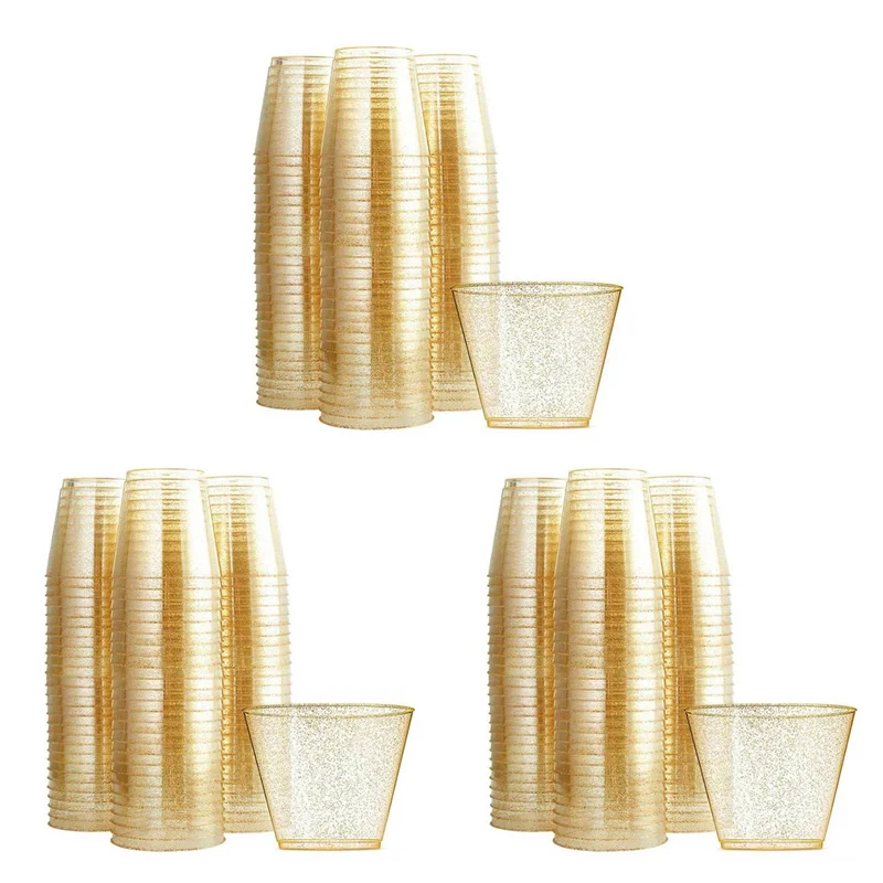VOFUN-Gold Plastic Cups Clear Plastic Wine Glasses, Fancy Disposable Hard Plastic Cups With Gold Glitter For Party Cups 150Pcs