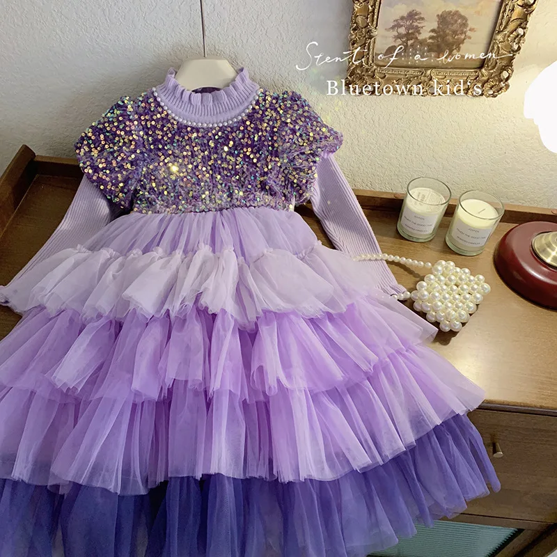 

Girls Sequins Princess Dress 2023 Autumn New Western Style Kids' Sweater Dress Little Girl Net Yarn Cake Skirt