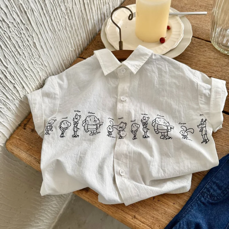 

2023 Summer Kids cartoon short sleeve shirt Boys lapel collar cotton casual shirts Tops