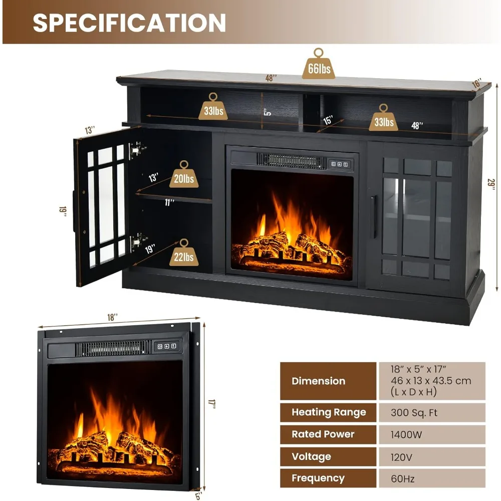 Electric Fireplace TV Stand, TV Console for TVs with 18 Inch Fireplace up to 55 Inch with 2 Open Shelves and Cabinets w/Doors 6