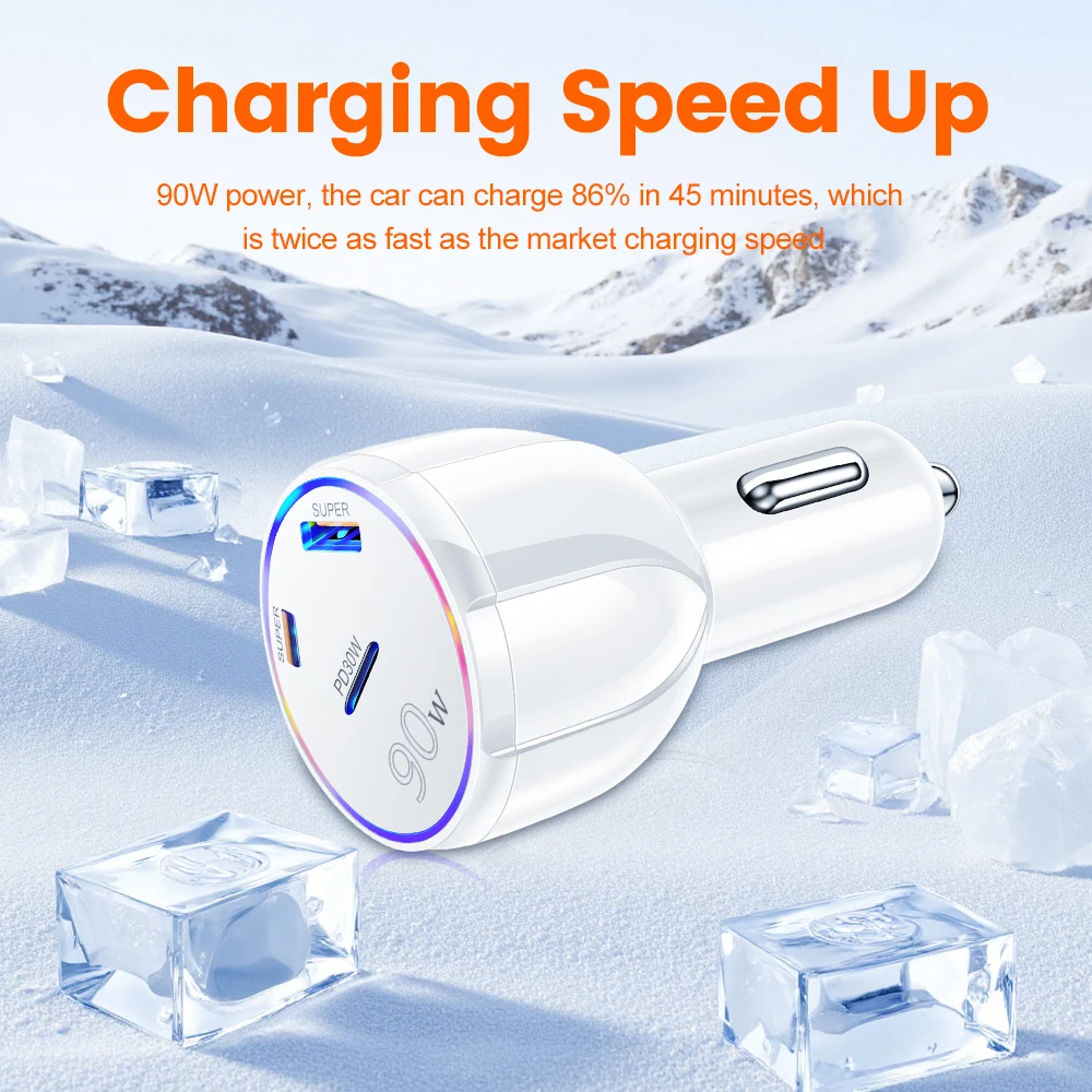 90W 3 in 1 Car Charger PD30W Type C USB Moblie Phone Fast Charging for IPhone Samsung Charger Plug Lighter Adapter Charger