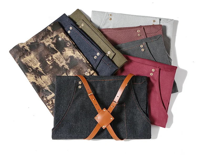 Mode bestickte Schürze Männer und Frauen Denim Canvas Ledergürtel Schönheitssalon Café Begleiter stilvolle Küche Arbeitskleidung – Detail 2