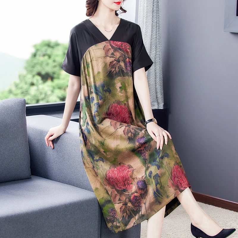

2023 New Fashion Silk Printed Dress Women's Summer Vintage Silk V-Neck Short Sleeve Loose Fit Casual Holiday Dress Vestidos
