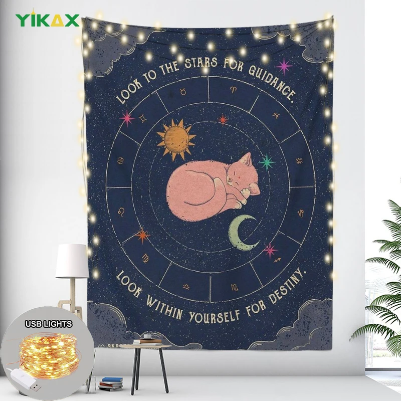 

Zodiac Tarot Cat Tapestry with Lights Kawaii Comics Occult Witchcraft Tapestries Wall Hanging Decorative Bedroom Living Room