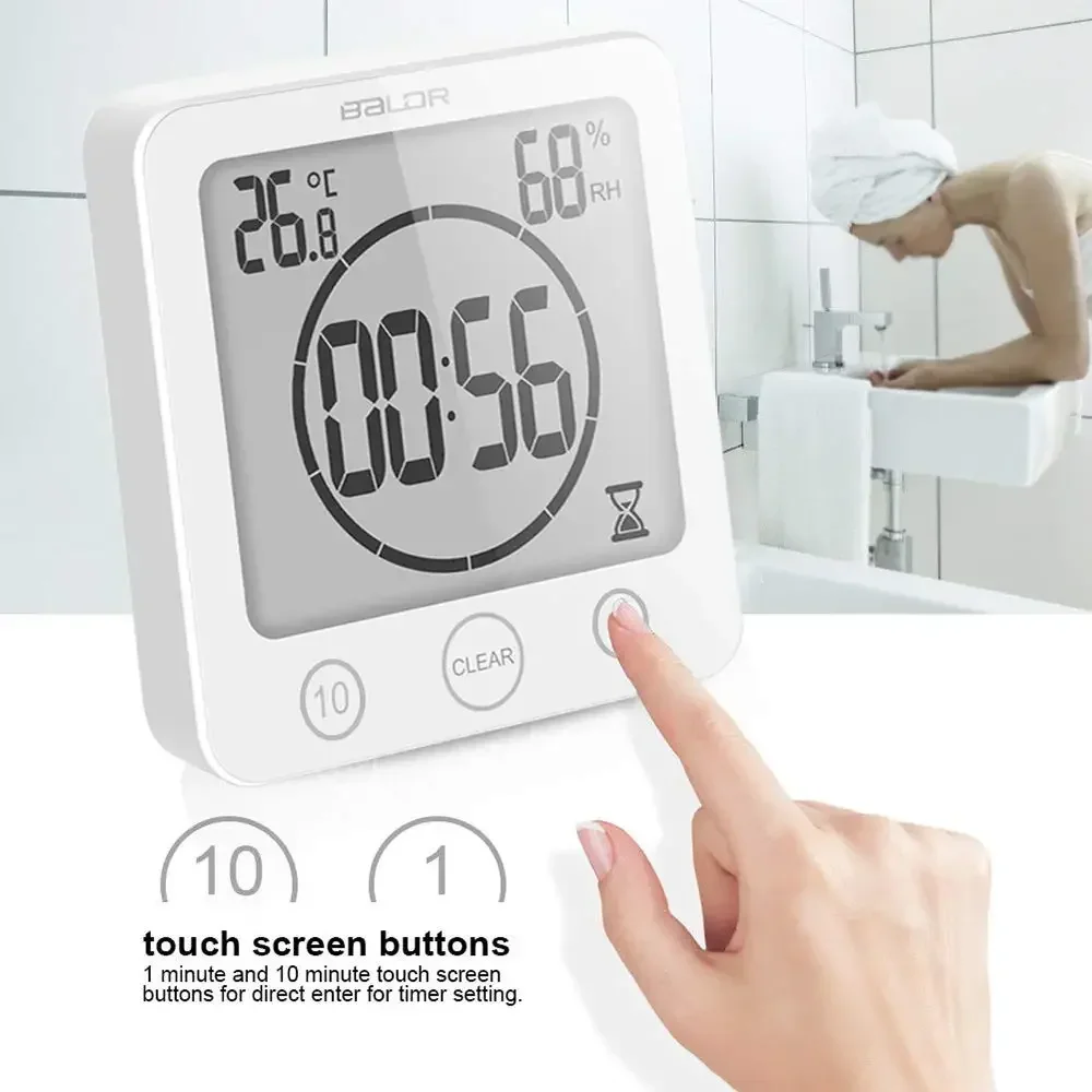 Digital Wall Clock Timer Waterproof Touch Screen Temperature Humidity for Bathroom Shower Room