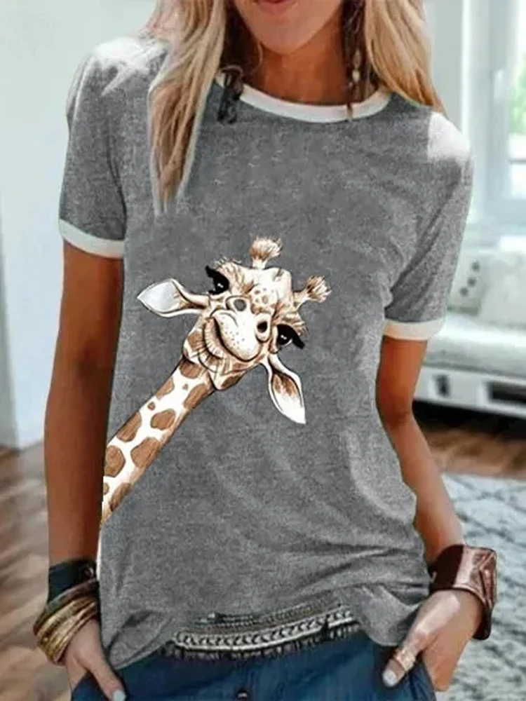 Tshirts Women Giraffe Print Cartoon Tops Kawaii Female Clothes