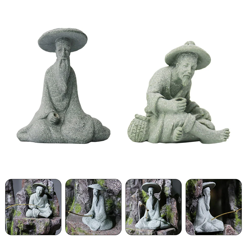 

2 Pcs Mini Fisherman Figurine Petri Decor Beautiful DIY Decoration Sandstone Decorative Miniature Elder Plant