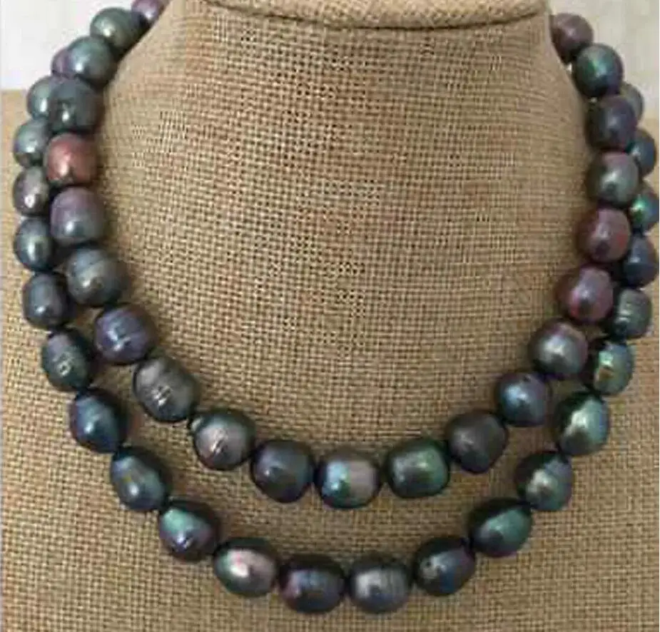 

NECKLACE Pretty Natural Genuine 8-9mm tahitian black Green baroque pearl necklace 32''