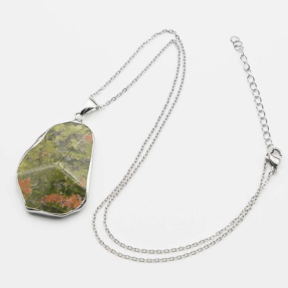 Natural Stone Amethyst Irregular Silver Edge Pendant Stainless Steel Chain Necklace Charm DIY Jewelry Accessories Wholesale 6Pcs