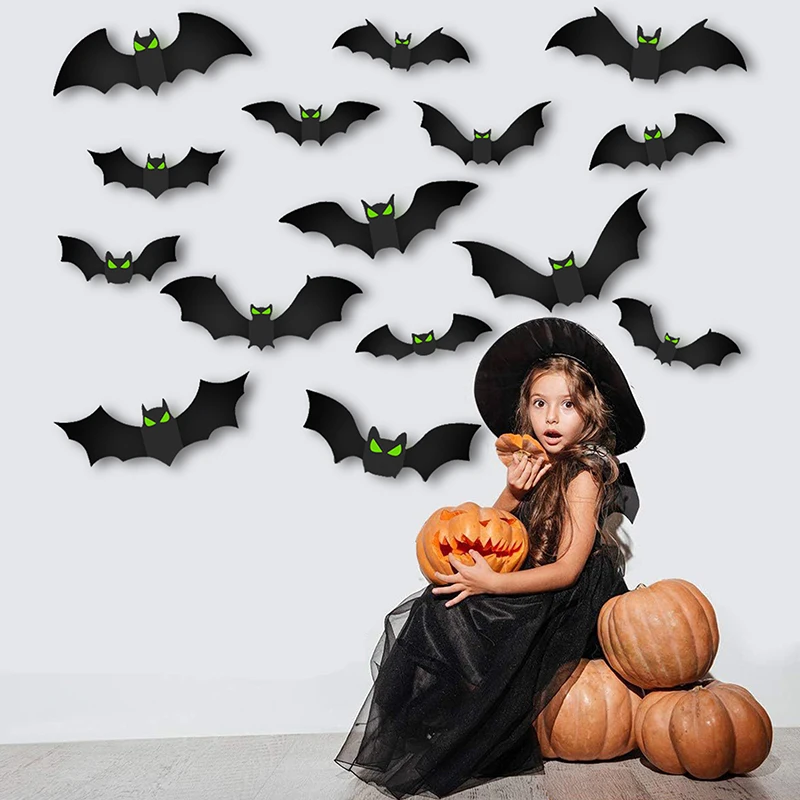 96 Pcs 3D Bat Halloween Night Light Stickers Decorative Supplies Ghost Festival Decoration Wall Stickers