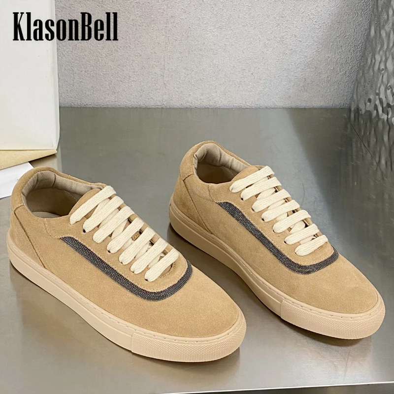 

11.22 KlasonBell High Quality Casual Shoes Bead Chains Lace-Up Cow Suede Comfortable Vulcanize Shoes Women