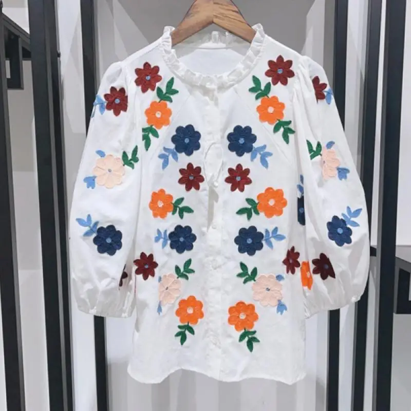 fashion-retro-style-colorful-flower-embroidered-bubble-sleeve-button-loose-shirt-white-cotton-blouses-half-sleeve-women-spring