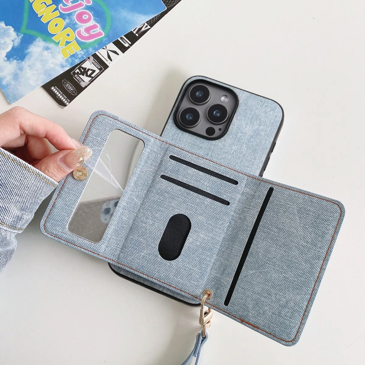 Denim Textured TPU+PU Leather Case with Rope Hanging Mirror Card