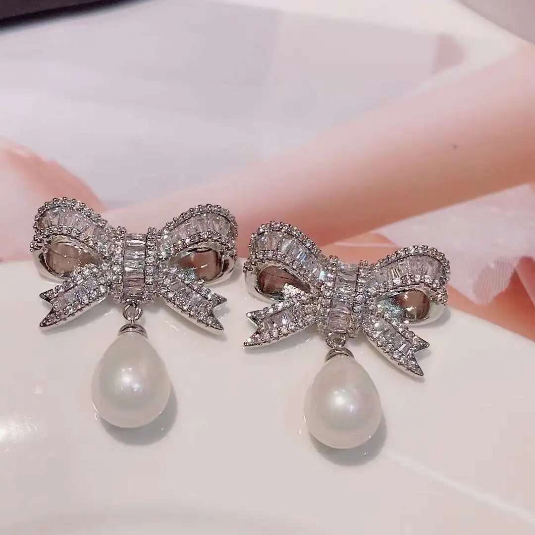 

European rectangular zircon bow pearl pendant earrings bowknot sparkling zircon women elegant Romance fine jewelry