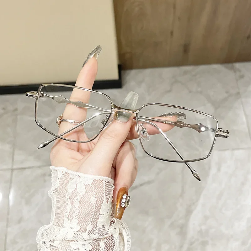 Women Men Silver Rectangle Glasses Frame Reading Fashion Eyeglasses Frames Anti Blue Square Sunglasses with Metal Frame