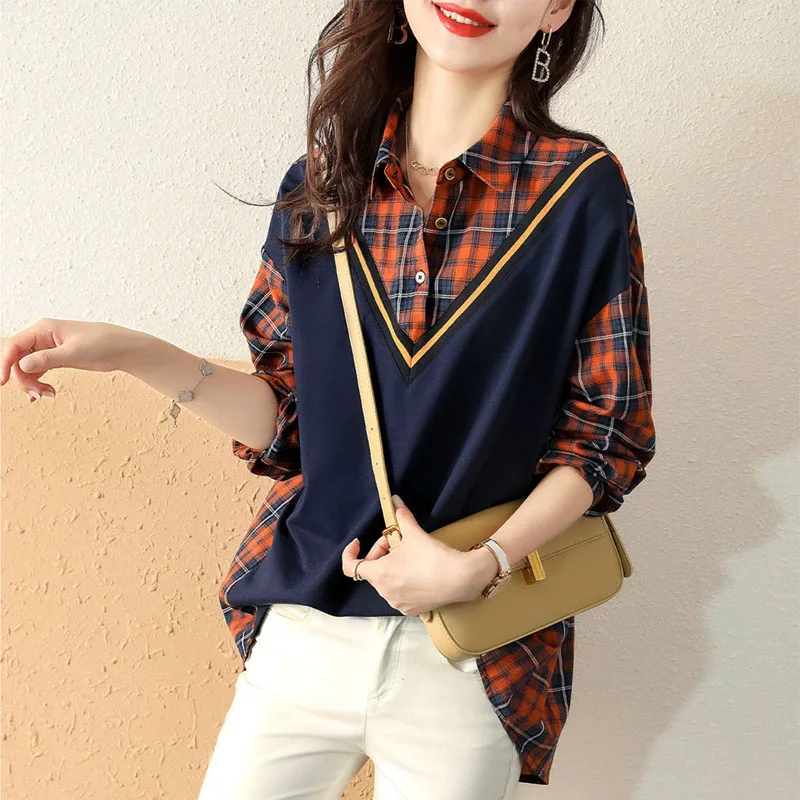 Fashion Printed Button Spliced Fake Two Pieces Plaid Blouse Women's Clothing 2022 Autumn New Casual Pullovers Loose Korean Shirt