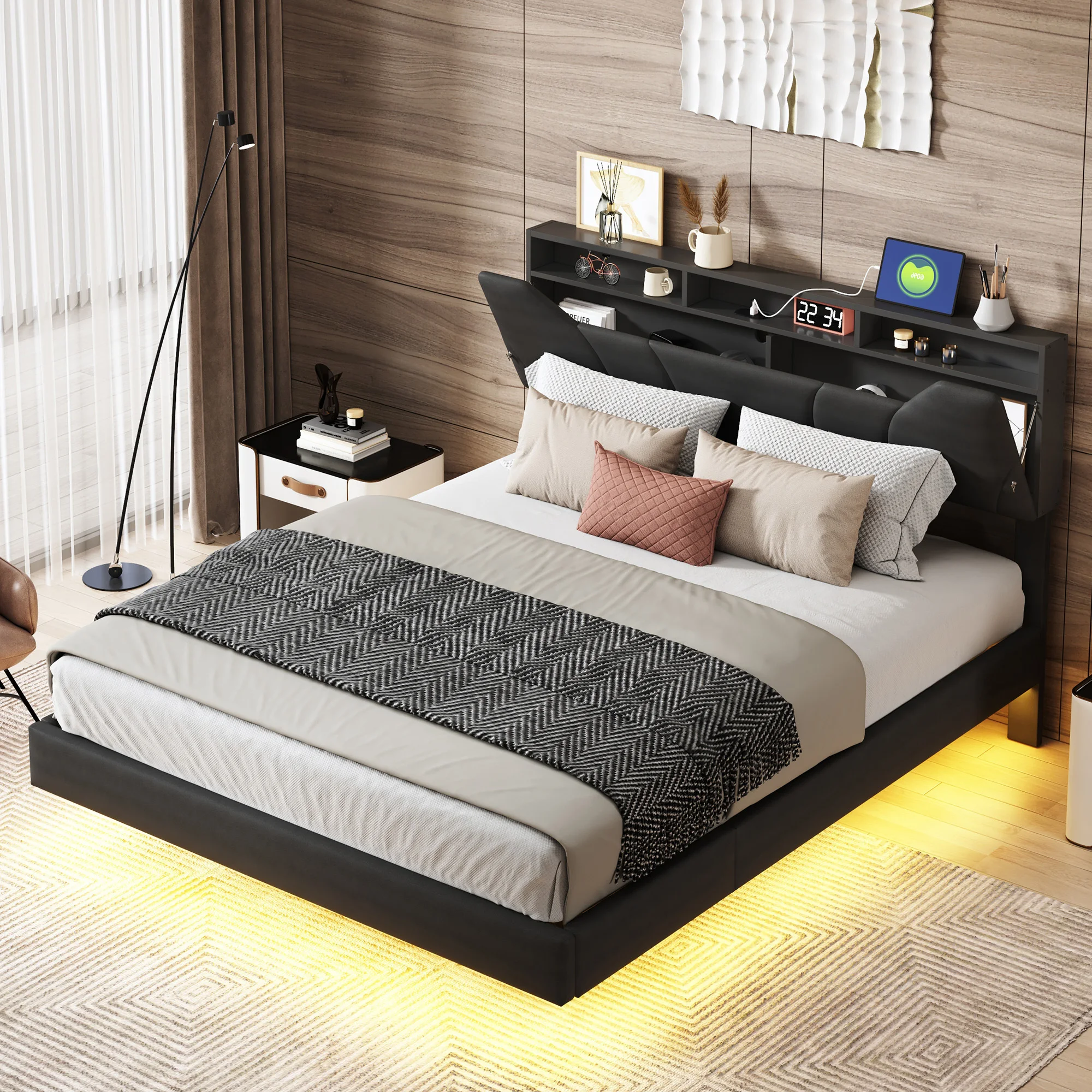 Comanlai Hydraulisches Bett mit LED-Beleuchtung und USB-Ladeanschluss und Stauraum, Verstellbare Kopfteilhöhe, PU, Schwarz – Detail 2