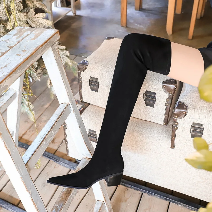 thumbnail image 1 of De moda y minimalistas con tacones altos y gruesos, sexys, con efecto adelgazante, botas largas por encima de la rodilla, zapatos de gamuza para mujer para discotecas, 1 of 5