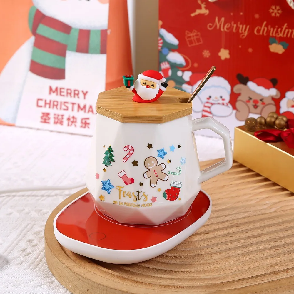 Ceramic Mug Christmas Gift Set Warm 55℃ Ceramic Mug with Lid featuring Santa Claus for Office or Home Use