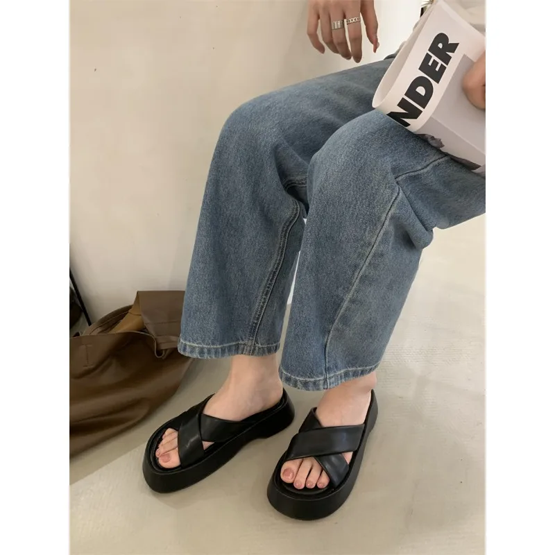 2024 Summer Open Toe Women Slippers Fashion Ladies Casual Platform Flat Heel Outdoor Beach Slides Shoes Flip Flops