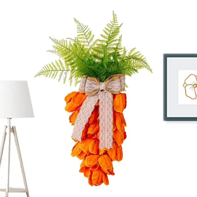 

New Tulip Wreath For Front Door Artificial Flower Wreath With Bow And Light Easter Carrot Shape Ornament Mother's Day Decor