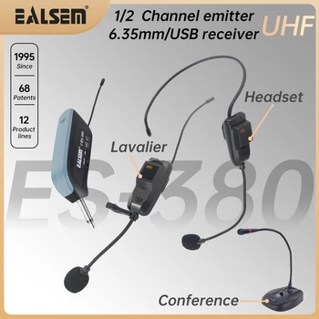 EALSEM 380 UHF 1/2 채널 무선 핸드헬드, 회의, 라발리에, 헤드셋 마이크, USB, 6.35mm 잭, KTV용 50 미터 640-690MHz