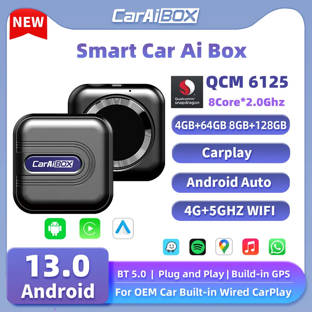 

CarAiBOX CarPlay Newest Ai Box Qualcomm 6125 8-Core CPU Android 13.0 System Wireless CarPlay Android auto Built-in Play Store