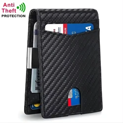Slim Carbon Fiber RFID - Blocking Minimalist Wallet with Metal Money Clip (Black)