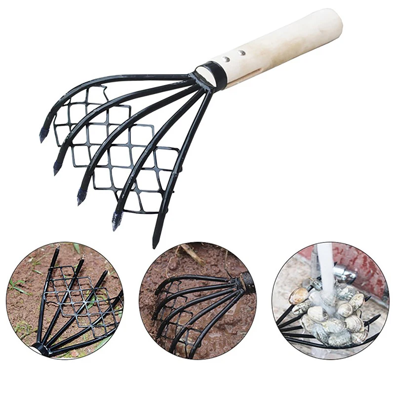 Clam Rake With Net 5 Claw Wood Handle Rake Shell Digging Tool Dig Seafood Accessories Weeding Farming Tool Wood Handle Pitchfork mini garden tools,garden weeding tool