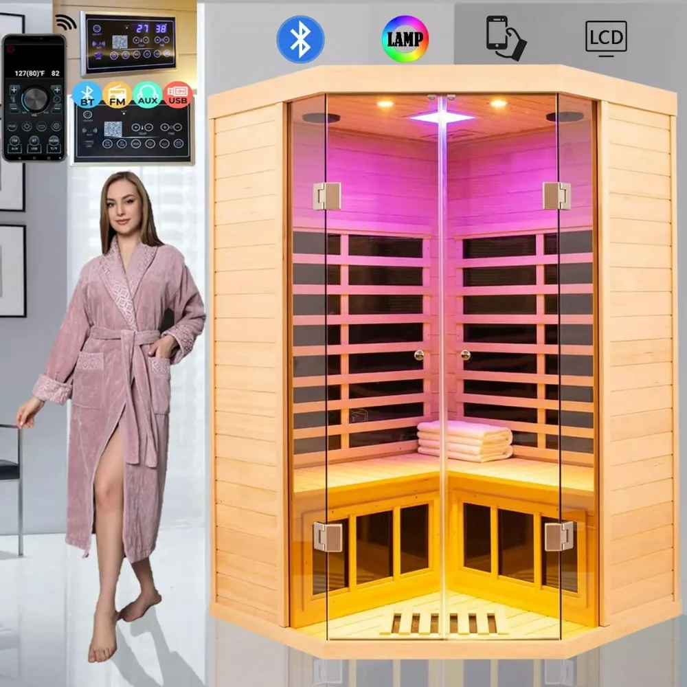 2-3 Person Low EMF FAR Infrared Sauna, Hemlock 2 Door Luxury Toughened Glass Indoor Saunas For The Home, 1520w, App & LCD 2